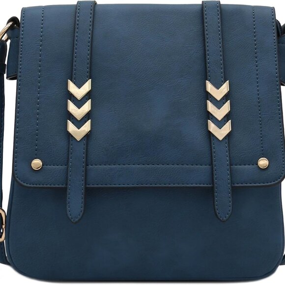 Double Compartment Faux Leather Crossbody Bag Navy Blue Zipper Closure - Picture 1 of 6